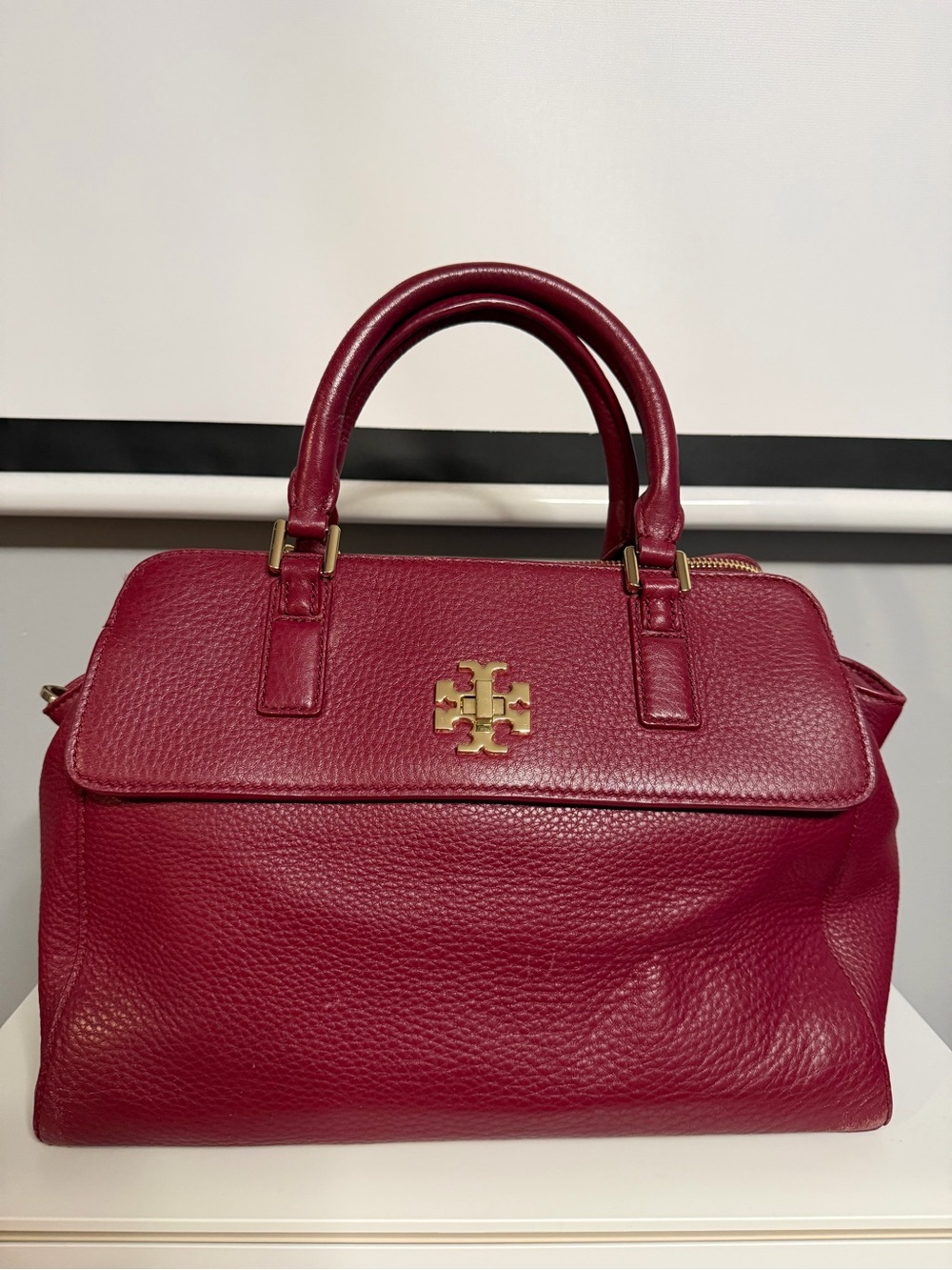 Tory Burch Berry Red Pebbled Leather Satchel with Gold Logo